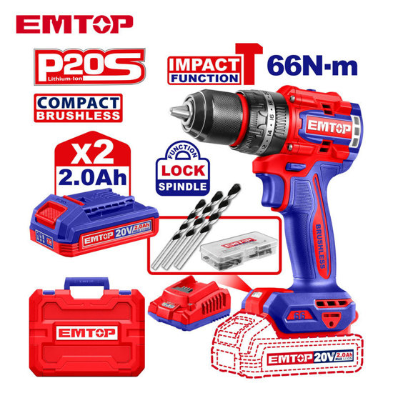 Image de PERCEUSE A PERCUSSION COMPACTE SANS FIL 20V 66NM+ACC-ECIDL20668 EMTOP
