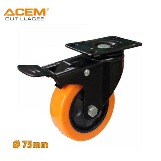 Image de ROUE PIVOTANTE ORANGE À PLATINE ET À FREIN DE D75X32MM ACEM
